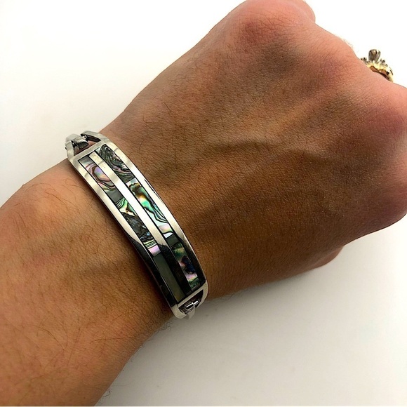 𝅺taxco Sterling Abalone Inlay Inlaid Inlayed Pinch Clasp Bangle 6.5” C / 1.7” D - Picture 3 of 8